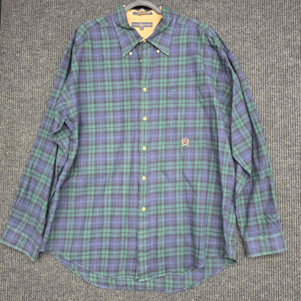 Tommy Hilfiger Mens XL Black Watch Plaid Cotton Button Down Crest Logo Shirt